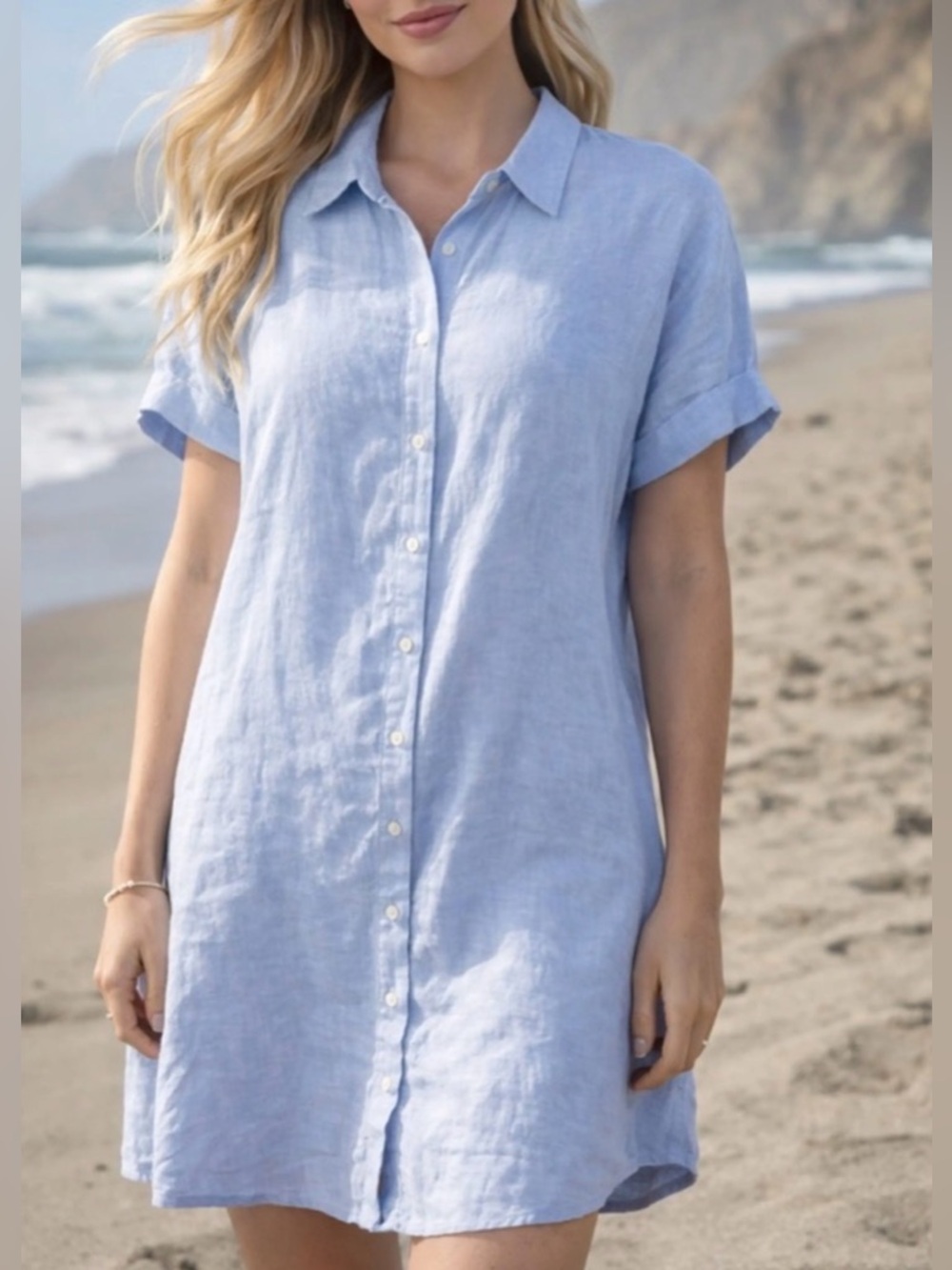 Tahari Light Blue 100% Linen Button-Front Shirt Dress